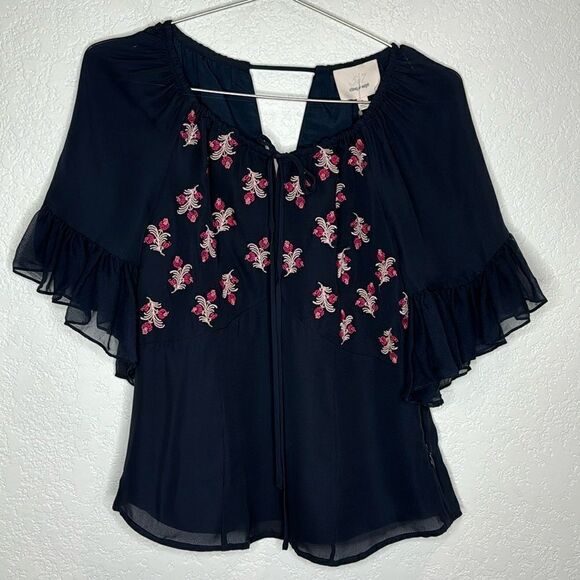 NWT Cinq A Sept Daria Split Neck Silk Blouse Navy Blue Small - Picture 2 of 12